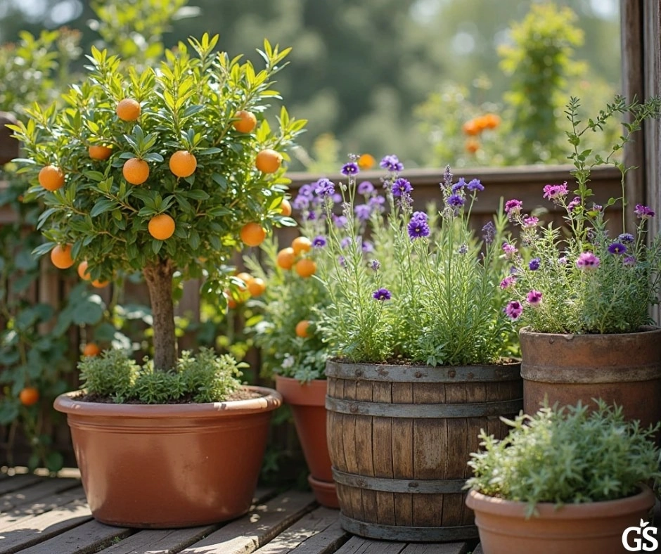 Cây cam cảnh sai trĩu quả màu cam rực rỡ trồng trong chậu gốm trang trí ban công gỗ