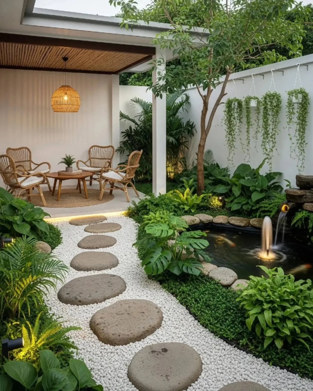 Sân vườn hiện đại kết hợp gỗ nhựa tạo vẻ đẹp ấm cúng