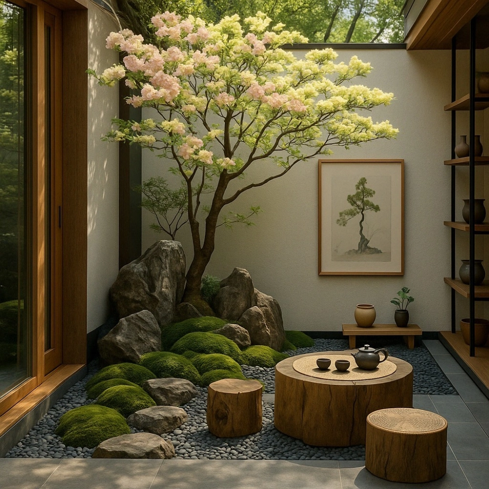 Trang trí tiểu cảnh giếng trời nhà phố với mảng tường đứng