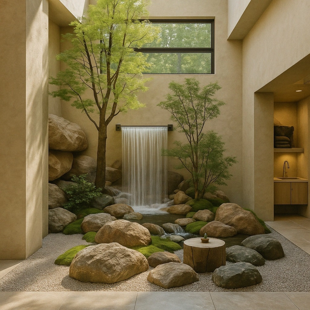 Ý tưởng tiểu cảnh giếng trời ướt có thác nước nhỏ