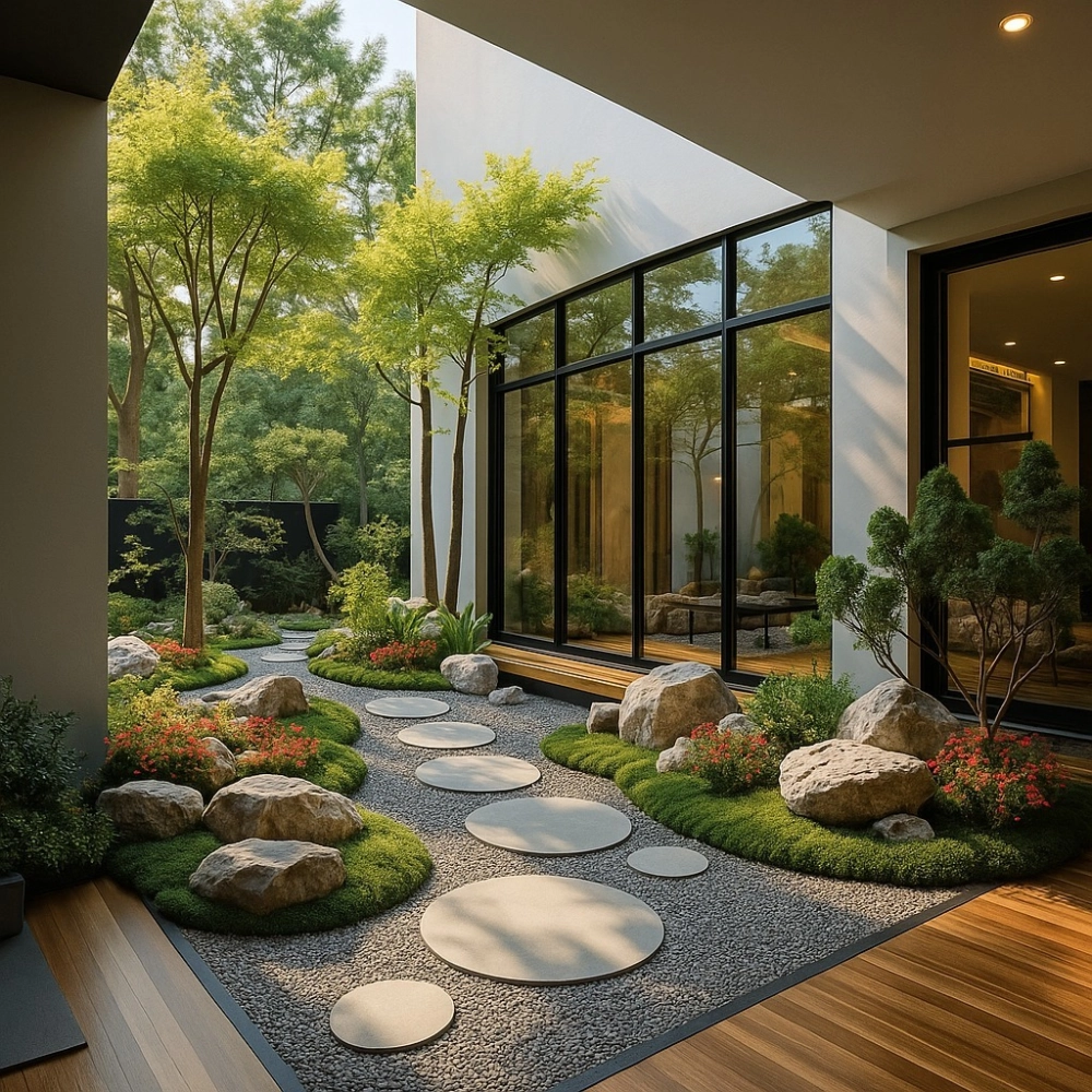 Mẫu tiểu cảnh sân vườn đơn giản phù hợp cho biệt thự phố hiện đại